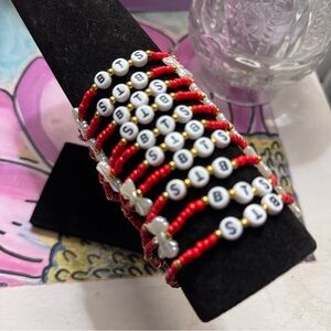 Red & Gold Beaded Bracelet Set – BTS Freebie Pack (Set of 10) with Bow Charm